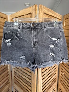 High-Rise Distressed Gray Denim Jean Shorts